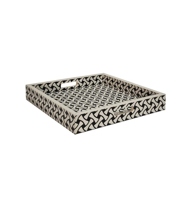 Large Weave Pattern Sq Tray, Black and White Resin